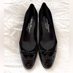 Salvatore Ferragamo Black Patent & Suede Bow Ballet Flats